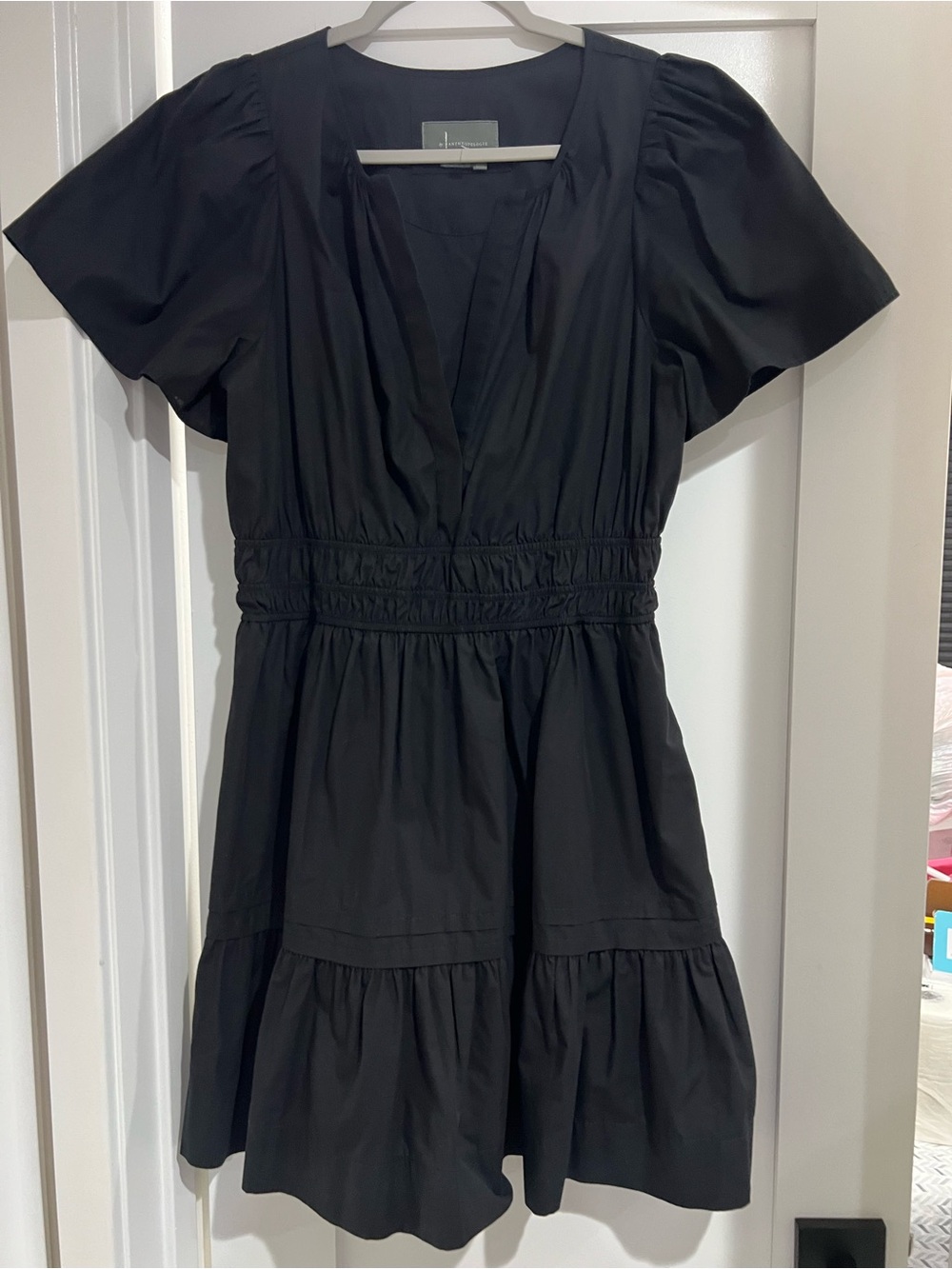 Anthropologie Somerset Black V-Neck Tiered Mini Dress